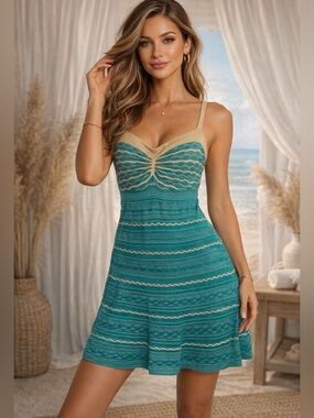 Missoni Metallic Knit Dress Teal Gold Sleeveless Italy Small